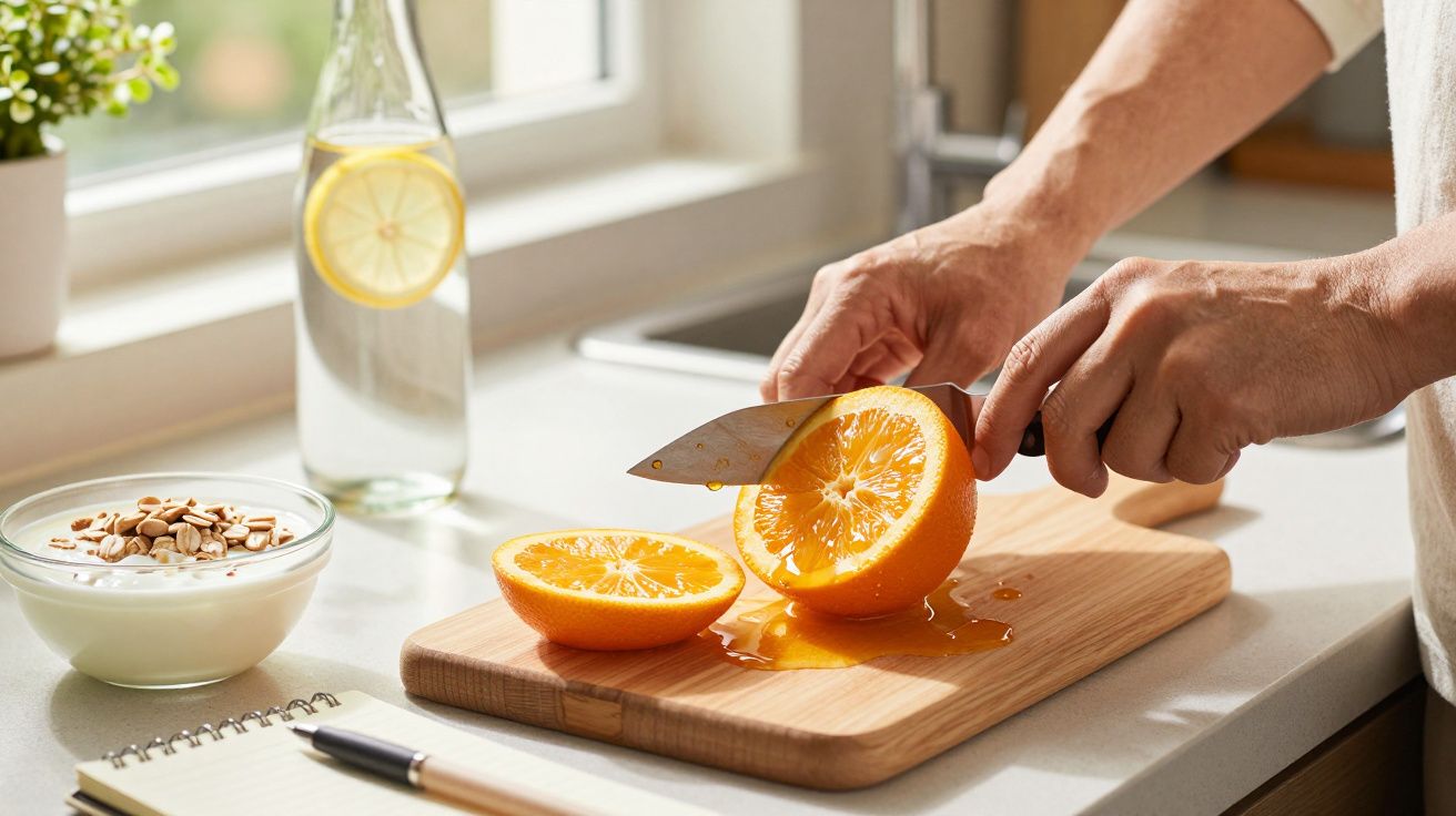 Person schneidet Orange auf Holzbrett, neben Joghurt mit Mandeln und Zitronenflasche auf heller Küchentheke.