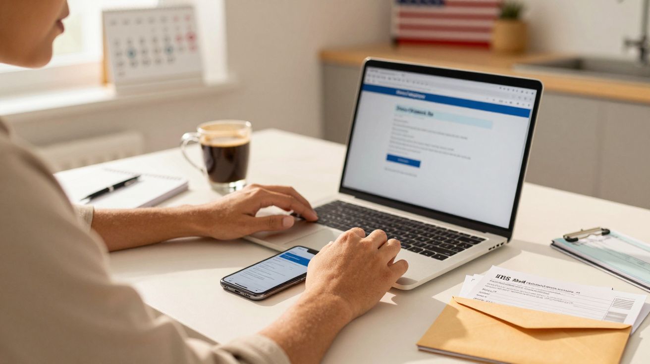 Person arbeitet am Laptop, Smartphone liegt daneben, Tasse Kaffee auf dem Tisch, im Hintergrund eine kleine US-Flagge.