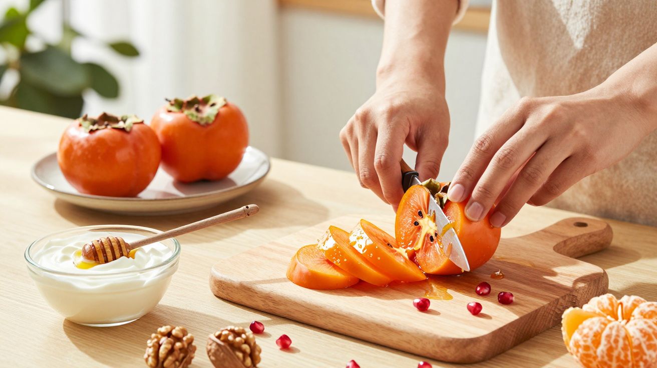 Person schneidet Kaki auf Holzbrett, daneben Joghurt mit Honig, Nüsse und Mandarinen auf dem Tisch.