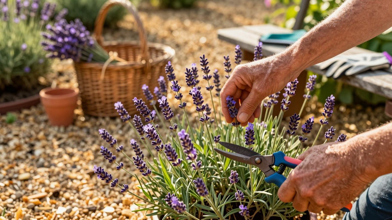 Person schneidet Lavendel mit Schere, Korb im Hintergrund, sonniger Garten.