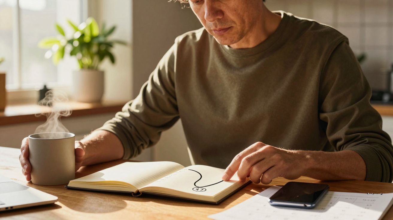 Person liest Notizbuch mit Kaffeetasse, zeigt auf eine Zeichnung. Sonnenlicht fällt durch das Fenster auf den Tisch.