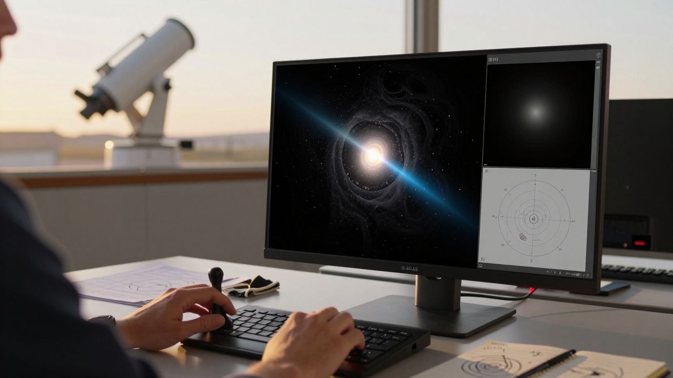 Person arbeitet am Computer mit Sternenbildern. Teleskop und Notizen im Hintergrund.