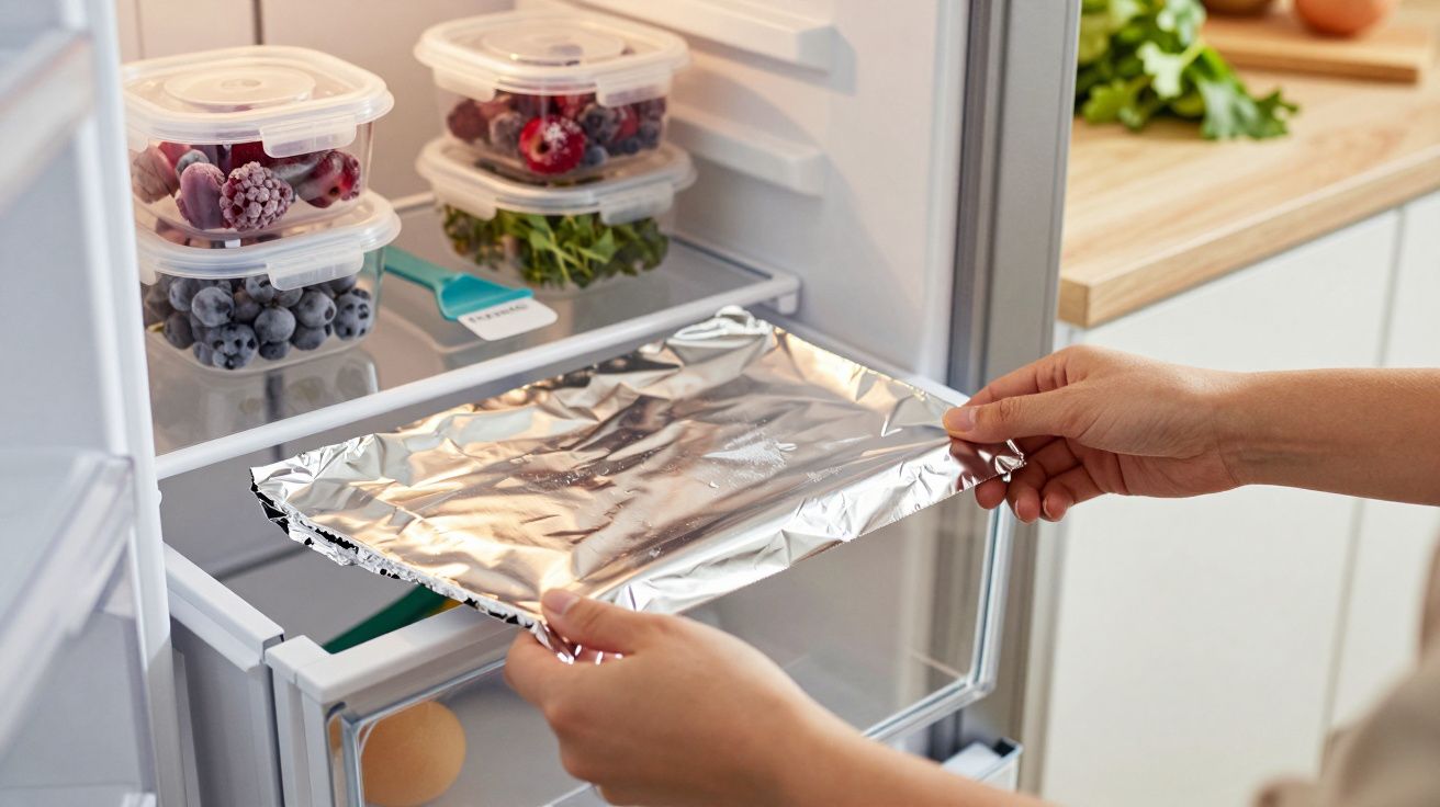 Person legt lebensmittel in Alufolie in Kühlschrank mit Obstbehältern, Gemüse daneben auf Arbeitsplatte.