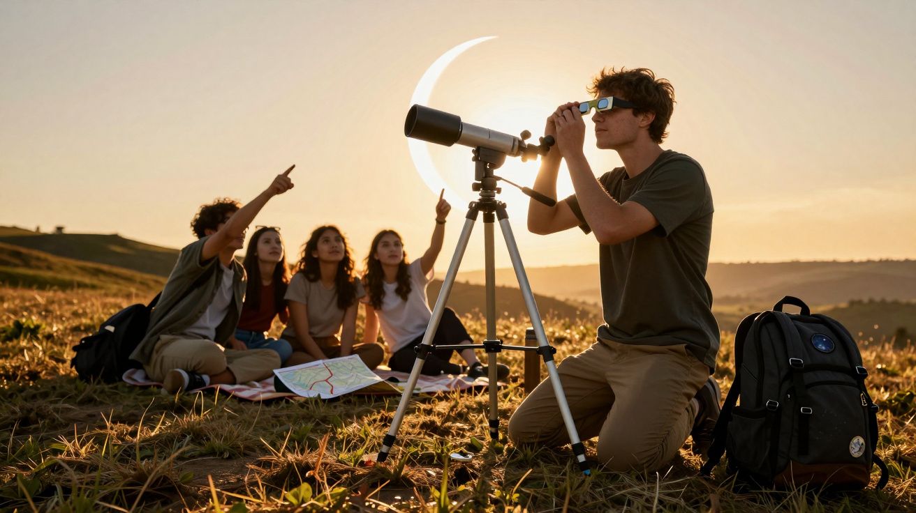 Gruppe junger Leute beobachtet Sonnenfinsternis mit einem Teleskop auf einer Wiese im Freien.