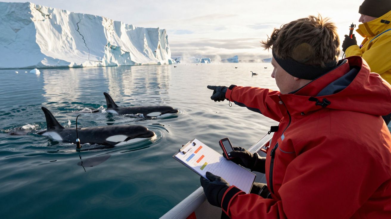 Forscher in roter Jacke zeigt auf Orcas im Wasser vor einem Eisberg, während er Notizen macht.