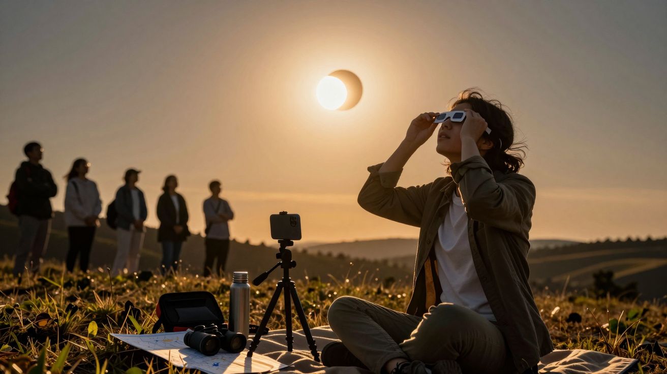 Person beobachtet Sonnenfinsternis mit Brille im Freien, während andere im Hintergrund zusehen.