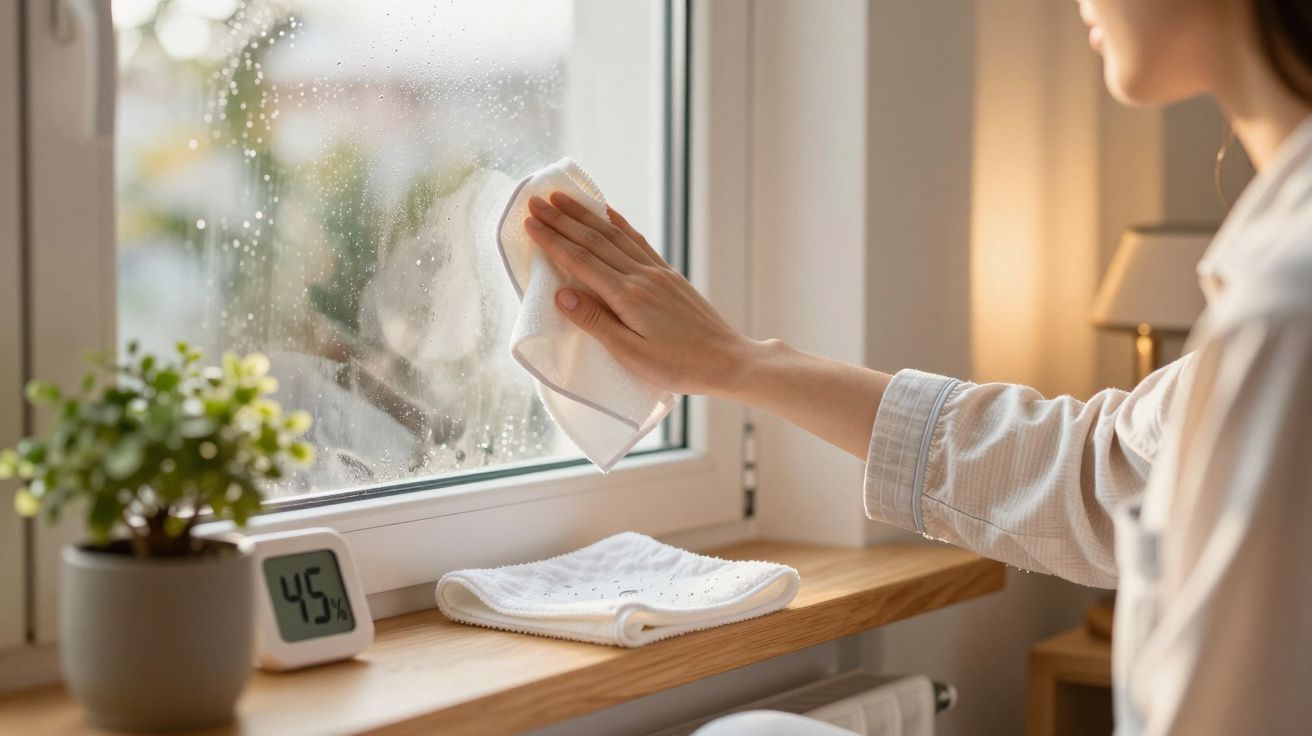 Person reinigt ein regennasses Fenster mit einem Tuch. Daneben steht ein Hygrometer und eine Pflanze auf der Fensterbank.