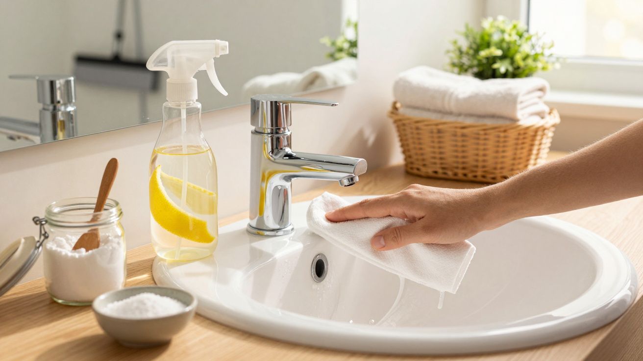 Hand reinigt Waschbecken mit Tuch, Zitronenspray und Backpulver im Badezimmer, Korb mit Handtüchern im Hintergrund.