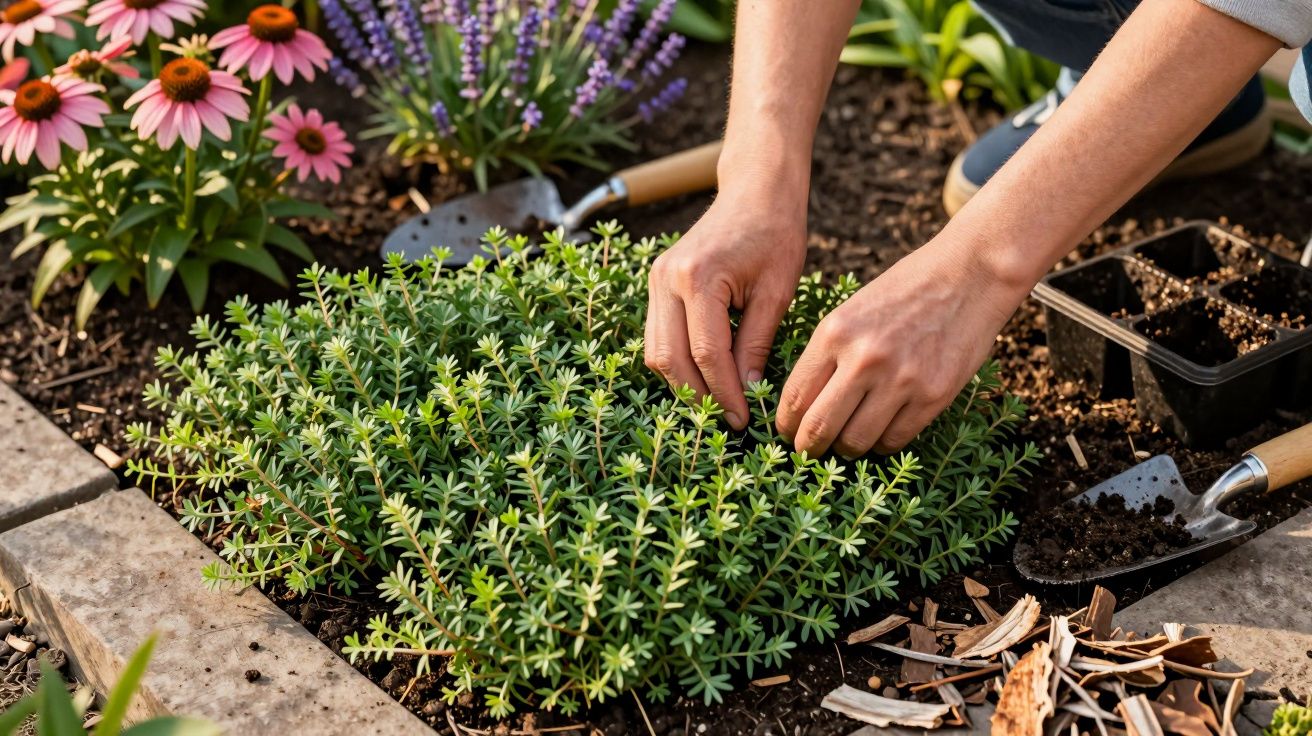 Person pflanzt in einem Garten, umgeben von blühenden Blumen und Gartenwerkzeugen.