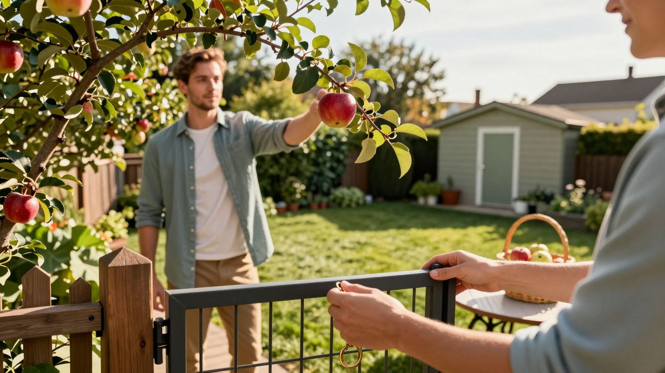 Mann pflückt Apfel vom Baum im Garten, während eine andere Person das Tor öffnet. Im Hintergrund ist ein Schuppen zu sehen.