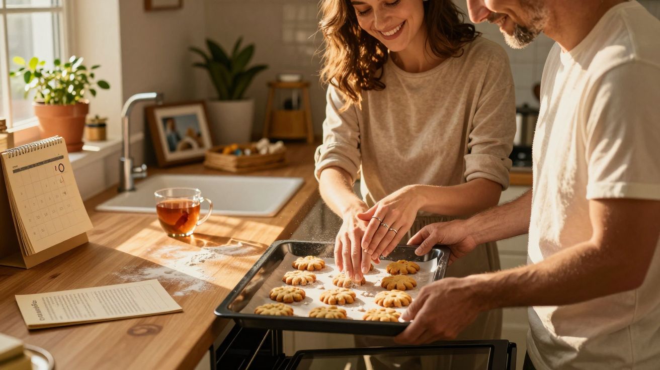 Ein lächelndes Paar bereitet Kekse auf einem Backblech in einer sonnigen Küche zu.