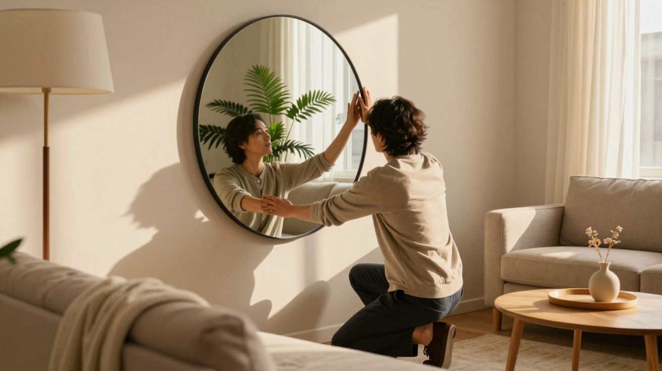 Person hängt runden Spiegel in hellem Wohnzimmer auf, Sonnenlicht fällt auf Sofa und Tisch mit Vase.