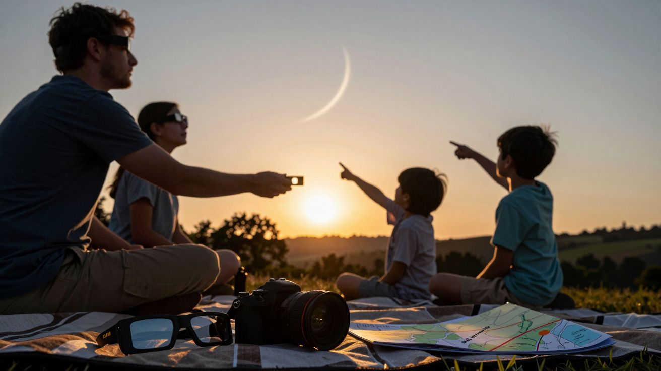 Personen sitzen auf einer Wiese bei Sonnenuntergang und betrachten den Himmel, auf einer Decke liegen Kamera und Karte.