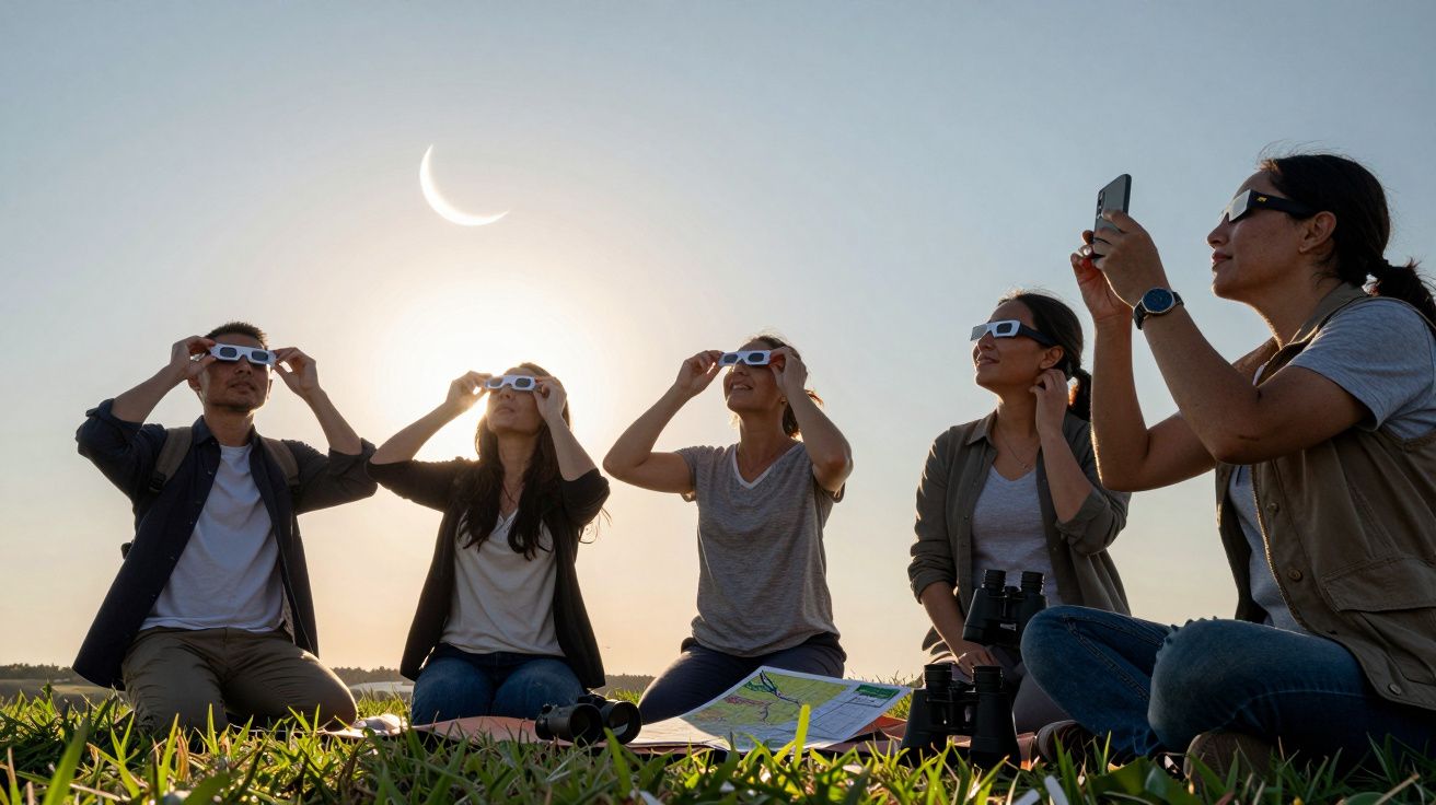 Fünf Personen sitzen im Gras und beobachten eine Sonnenfinsternis mit Spezialbrillen, bei klarem Himmel.