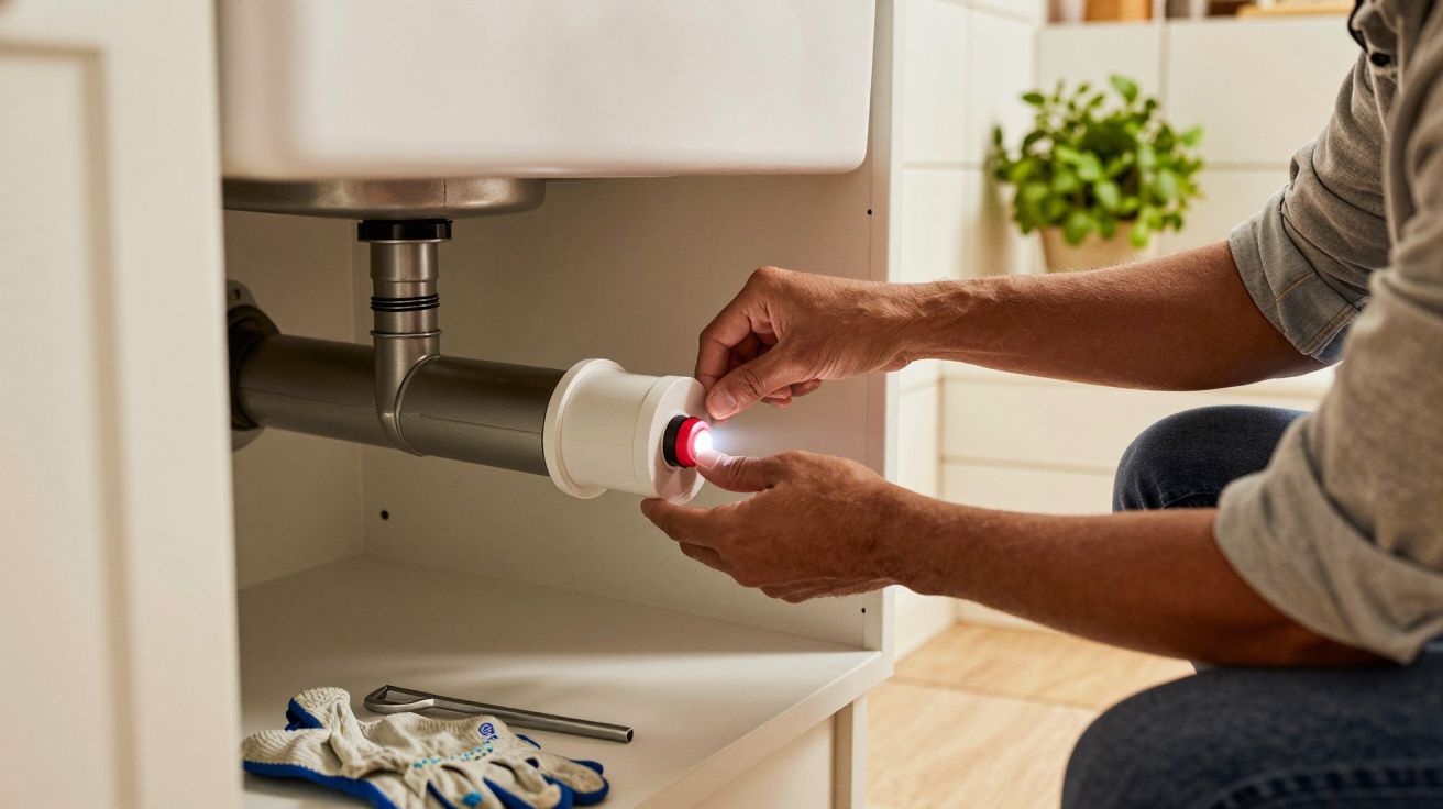 Person installiert einen Filter unter einem Spülbecken neben Werkzeug und Handschuhen.