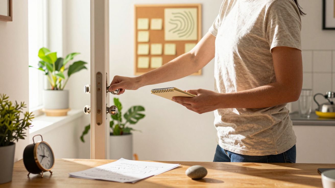 Person öffnet die Tür, hält ein Notizbuch. Helles Zimmer mit Pflanzen, Notizzettel an der Wand, Uhr auf dem Tisch.