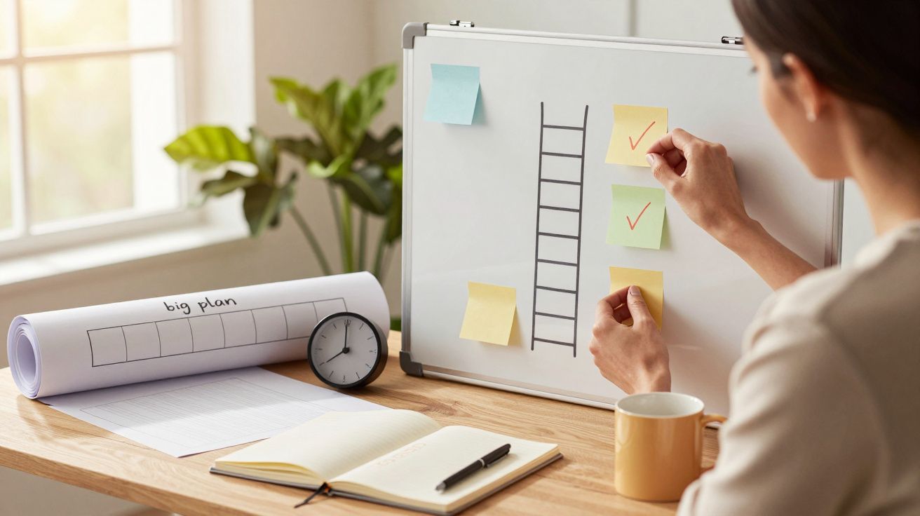 Person klebt bunte Haftnotizen mit Häkchen auf ein Whiteboard neben einer Leiterzeichnung, Uhr und Notizbuch auf Tisch.