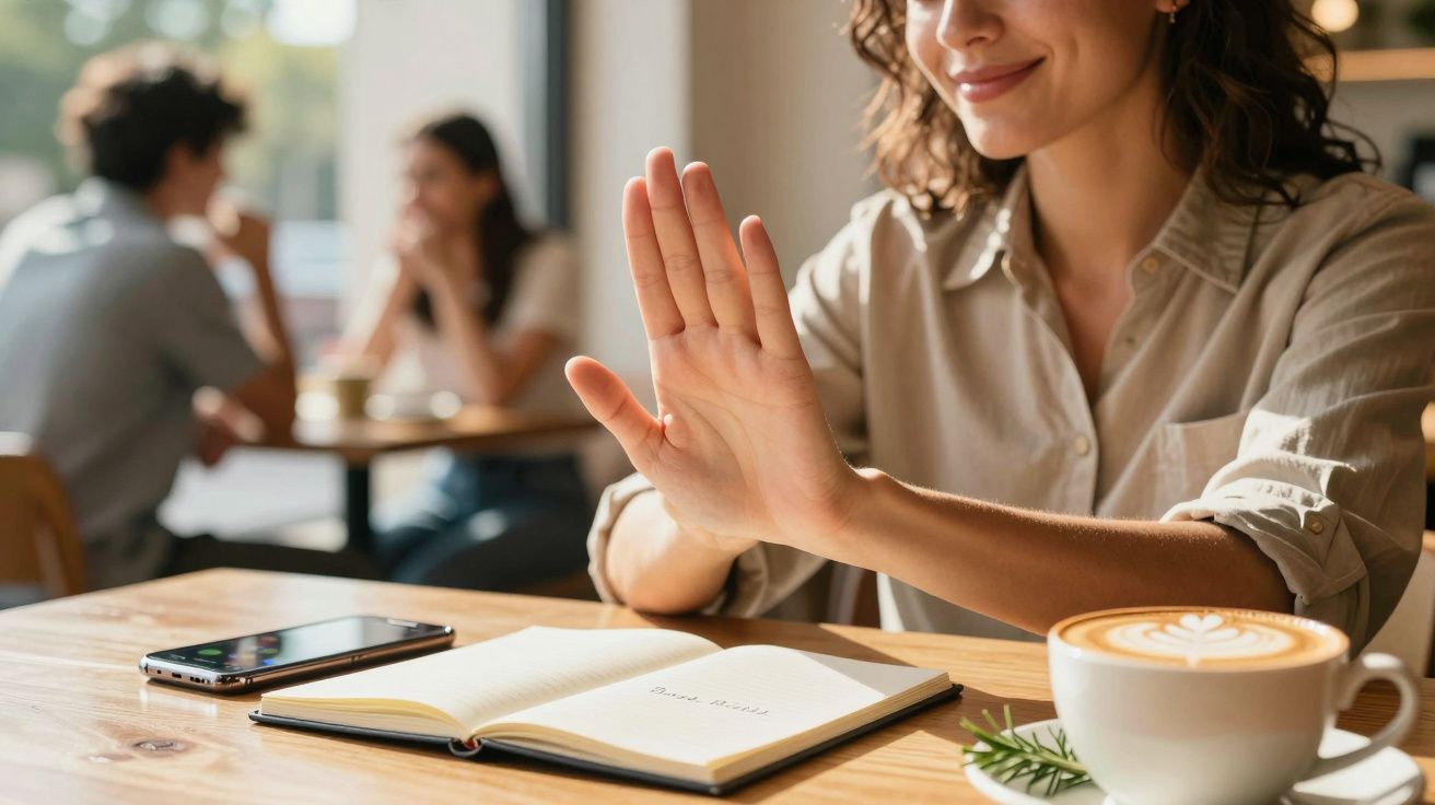 Frau im Café mit Notizbuch und Smartphone, hebt Hand abwehrend, vor ihr ein Cappuccino auf dem Tisch.