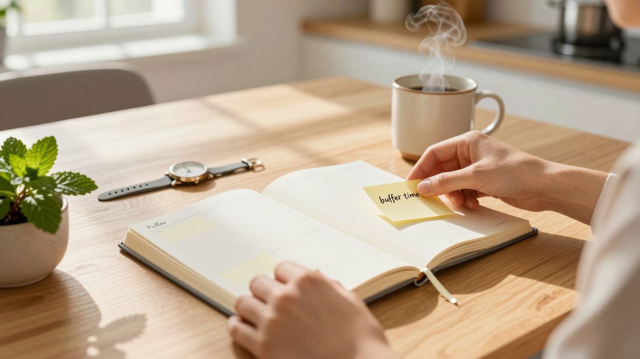Person legt Haftnotiz in einen offenen Terminplaner, daneben eine Tasse Kaffee auf einem Tisch bei Sonnenlicht.