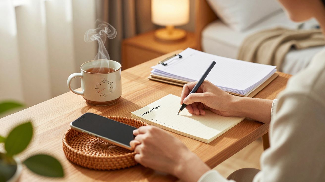 Person macht Notizen an einem Tisch mit einer Tasse Tee, einem Smartphone und einem Notizblock.