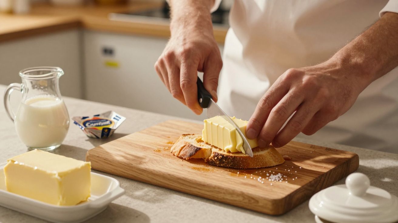 Person schneidet Butter auf einem Holzbrett, Milchkanne daneben, helles Küchendesign im Hintergrund.