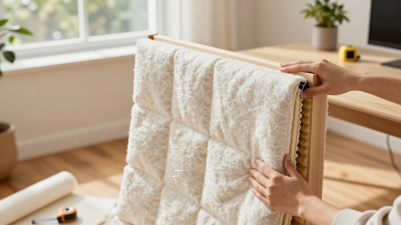 Person richtet weiches, weißes Polster in modernem, hellem Raum mit Holzfußboden und Pflanzen ein.