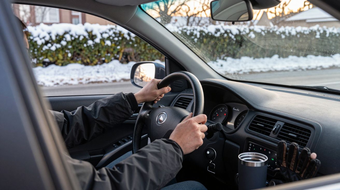 Person fährt ein Auto im Winter, hält das Lenkrad, draußen schneebedeckte Hecke sichtbar.