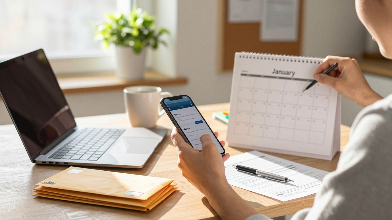 Person am Schreibtisch mit Smartphone, schreibt in Kalender, Laptop im Hintergrund; Büroumgebung mit Tageslicht.