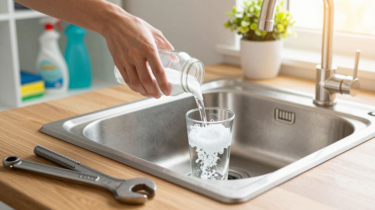 Hand gießt Flüssigkeit ins Glas über Spüle, daneben liegt ein Schraubenschlüssel.