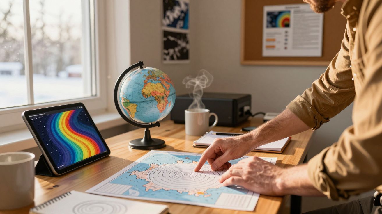 Eine Person analysiert eine Wetterkarte auf einem Schreibtisch mit Globus, Tablet und Kaffeetasse.