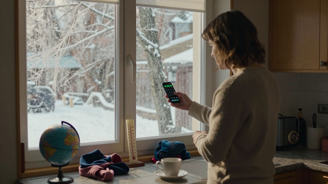 Person schaut auf ein Smartphone am Fenster; draußen ist Winterlandschaft mit Schnee zu sehen.
