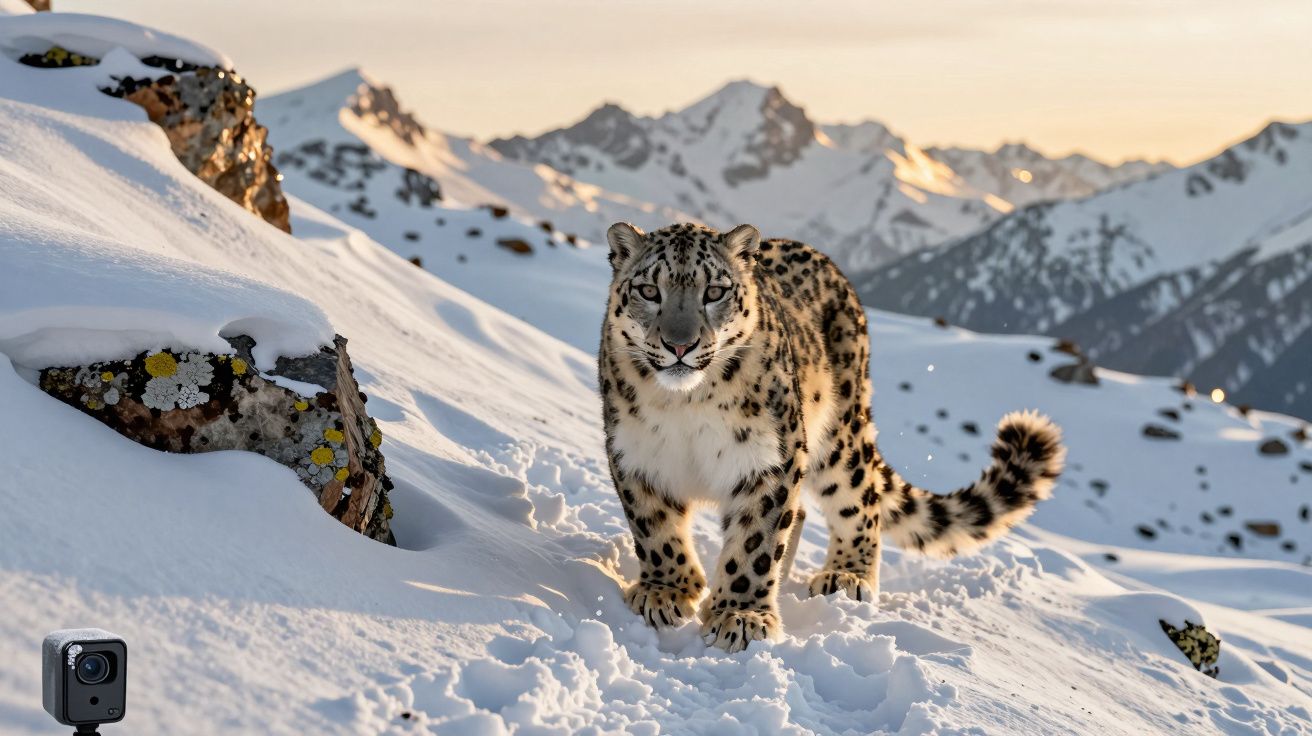 Schneeleopard läuft im verschneiten Gebirge, umgeben von felsiger Landschaft und schneebedeckten Bergen im Hintergrund.