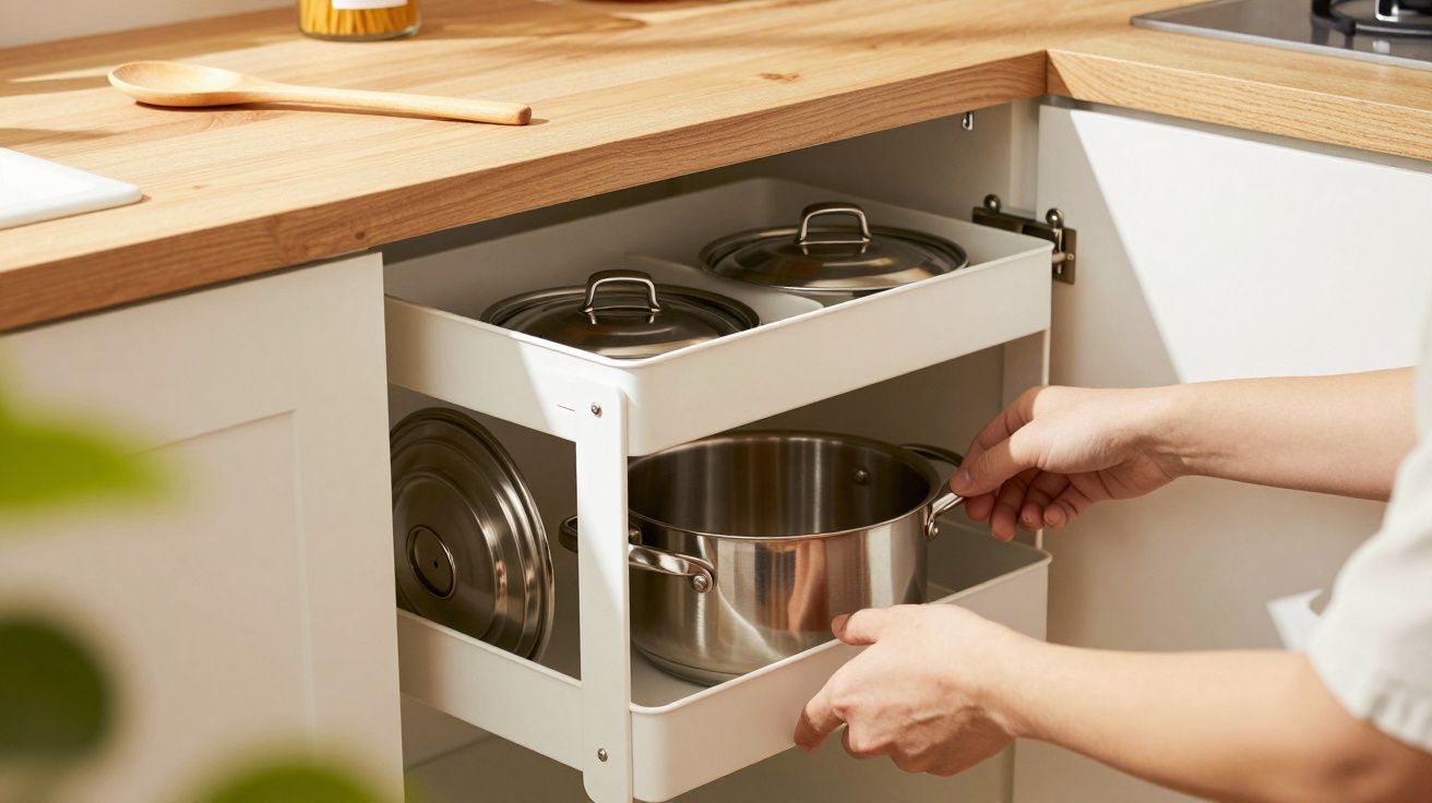 Person zieht einen Topf aus einem weißen Küchenschrank mit ausziehbaren Regalen unter einer Holzarbeitsplatte hervor.