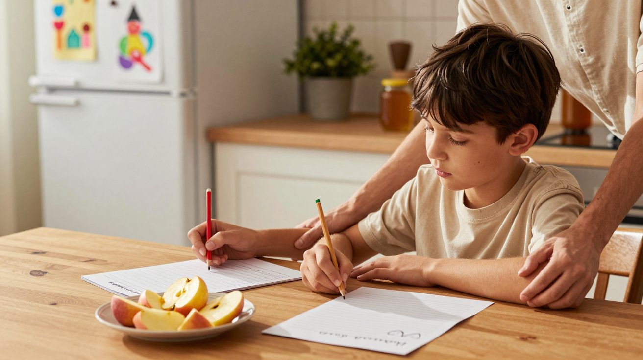 Junge schreibt am Holztisch, von Erwachsenem begleitet; Teller mit Apfelscheiben daneben.