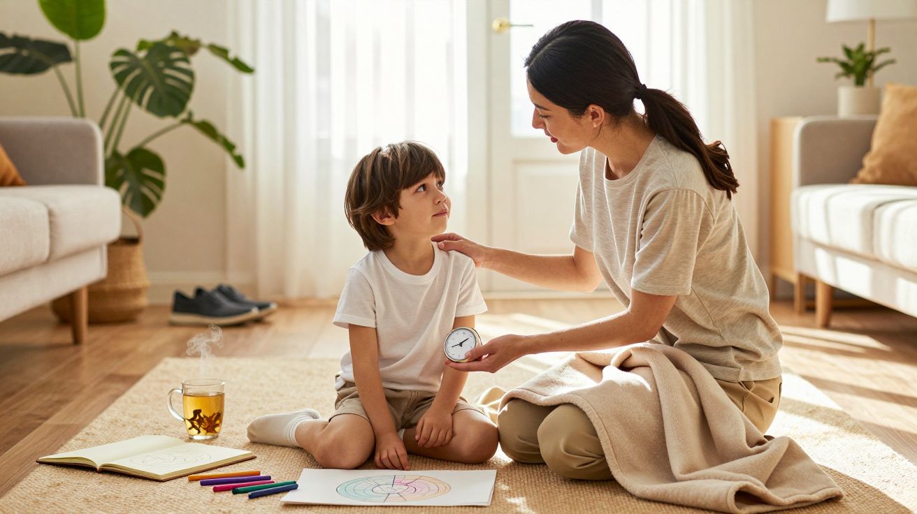 Frau und Kind auf Teppich im Wohnzimmer, Frau hält eine Stoppuhr, Malbuch und Tee im Hintergrund.