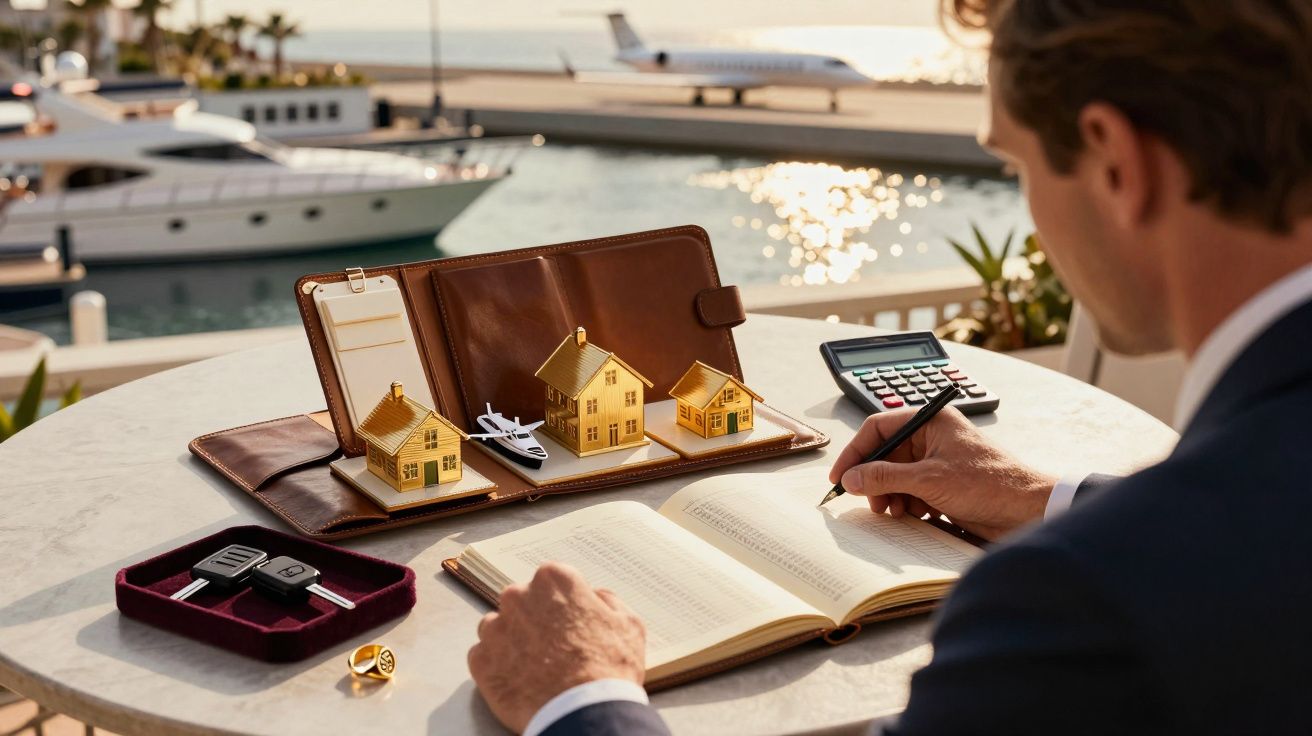Mann schreibt in Notizbuch, vor ihm Playset mit Häusern und Flugzeug, im Hintergrund Jacht und Privatjet am Hafen.