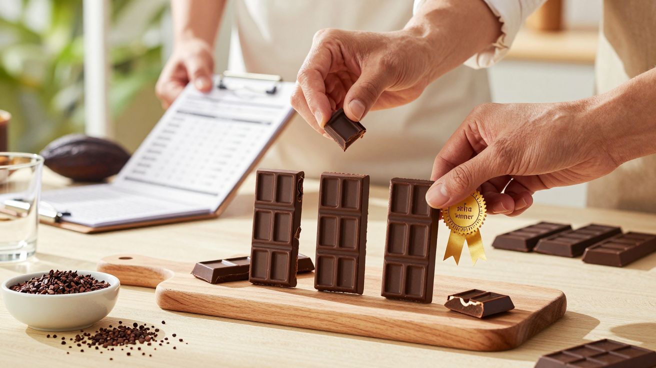 Personen testen Schokoladentafeln auf einem Holzbrett, eine Auszeichnung ist sichtbar.