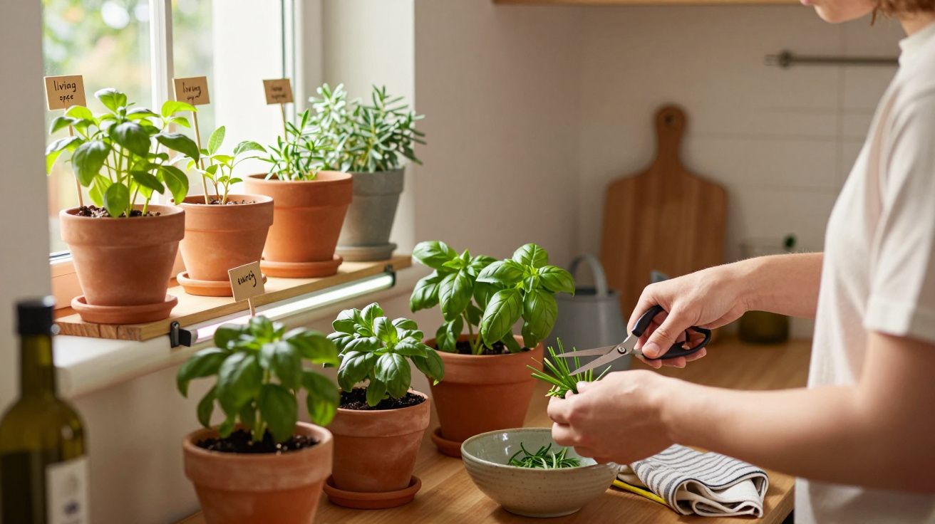 Person schneidet mit einer Schere frische Kräuter aus Blumentöpfen auf der Küchenfensterbank.