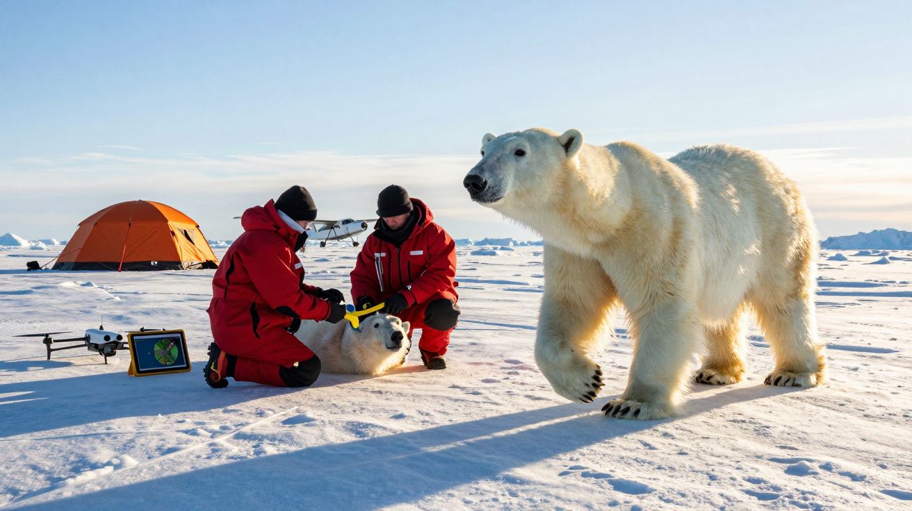 Forscher in roten Anzügen markieren Eisbär im Schnee neben Zelt und Drohne. Ein anderer Eisbär im Vordergrund.