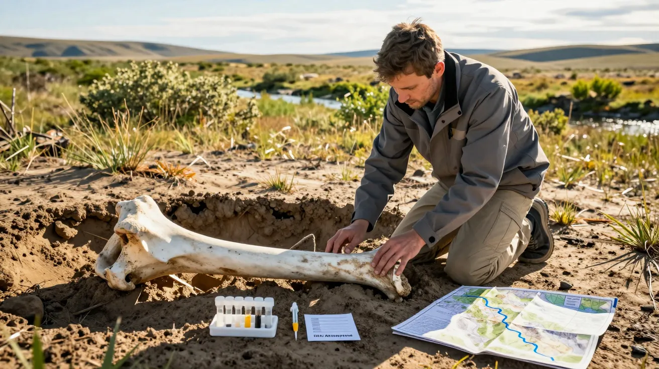 Ein Mann untersucht einen Knochen in einer Sandgrube, flankiert von einer Karte und Reagenzgläsern in einer ländlichen Umgebu