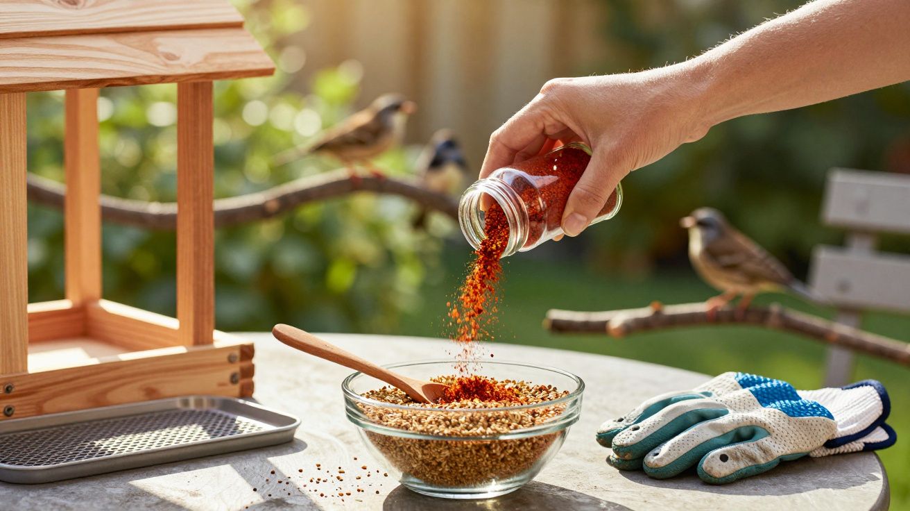Hand streut rotes Pulver über Vogelfutter in einer Schüssel, mit Handschuhen und Vogelhaus im Hintergrund.