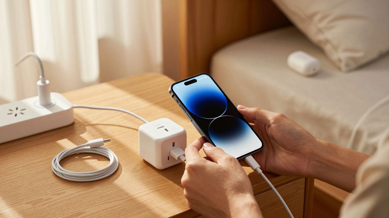 Person hält ein Smartphone mit Ladekabel neben einem Bett auf einem Holztisch.