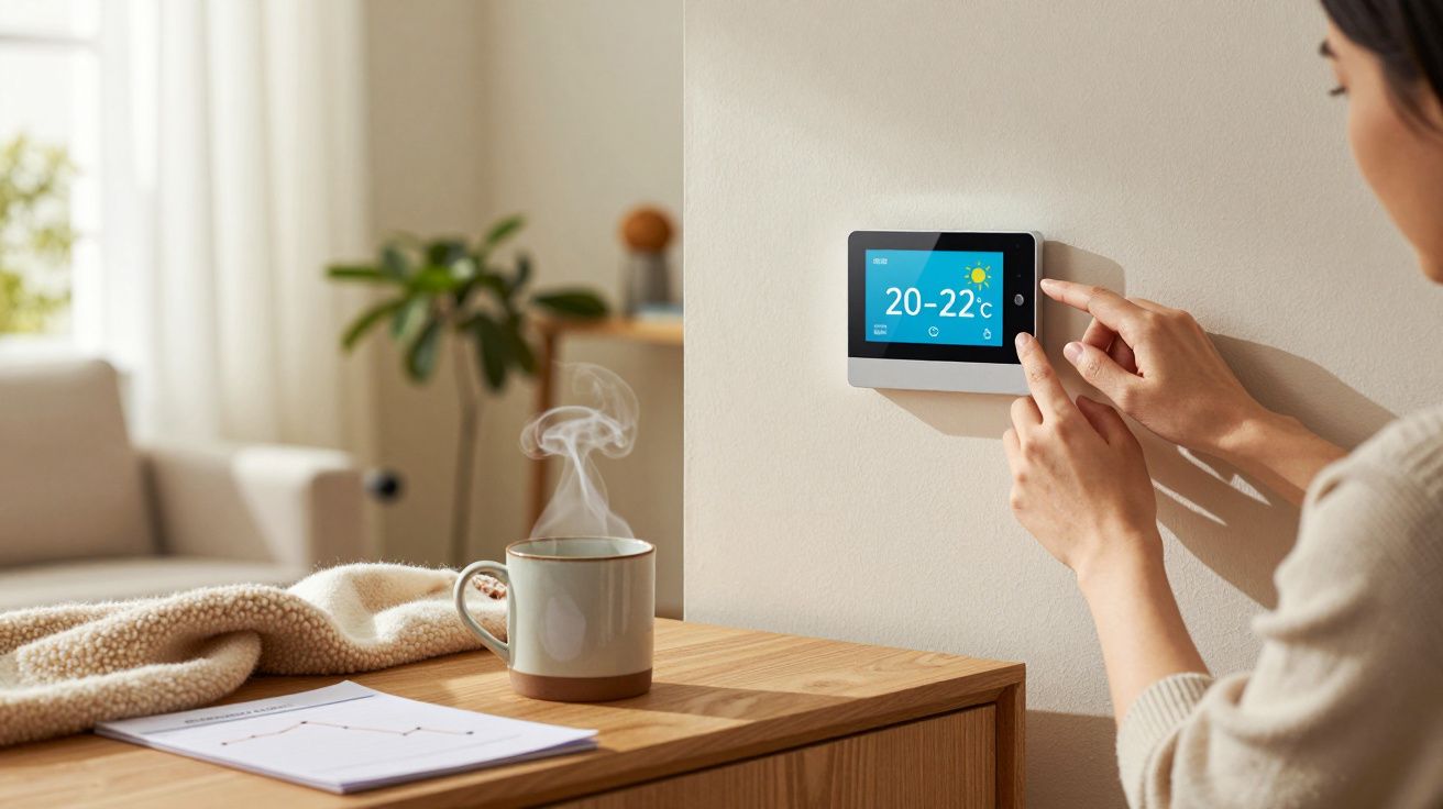 Eine Person stellt ein smartes Thermostat ein, neben einer Tasse Tee auf einem Holztisch in einem gemütlichen Wohnzimmer.