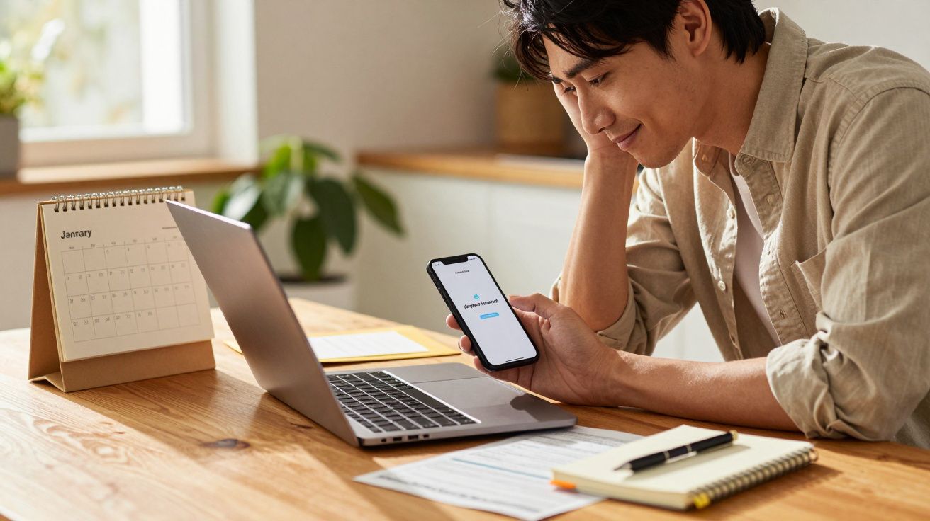 Mann arbeitet zu Hause am Laptop, schaut auf sein Handy. Auf dem Tisch liegen Notizbuch, Kalender und Stift.