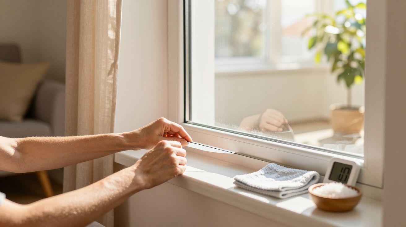 Hände einer Person messen ein Fenster mit einem Maßband, auf der Fensterbank liegen ein Handtuch, eine Schale und ein Thermom