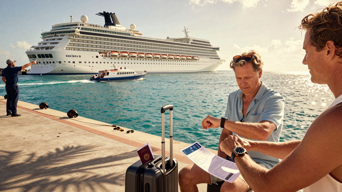 Zwei Männer mit Reiseunterlagen und Koffer sitzen am Pier. Ein Kreuzfahrtschiff und kleine Boote im Hintergrund.