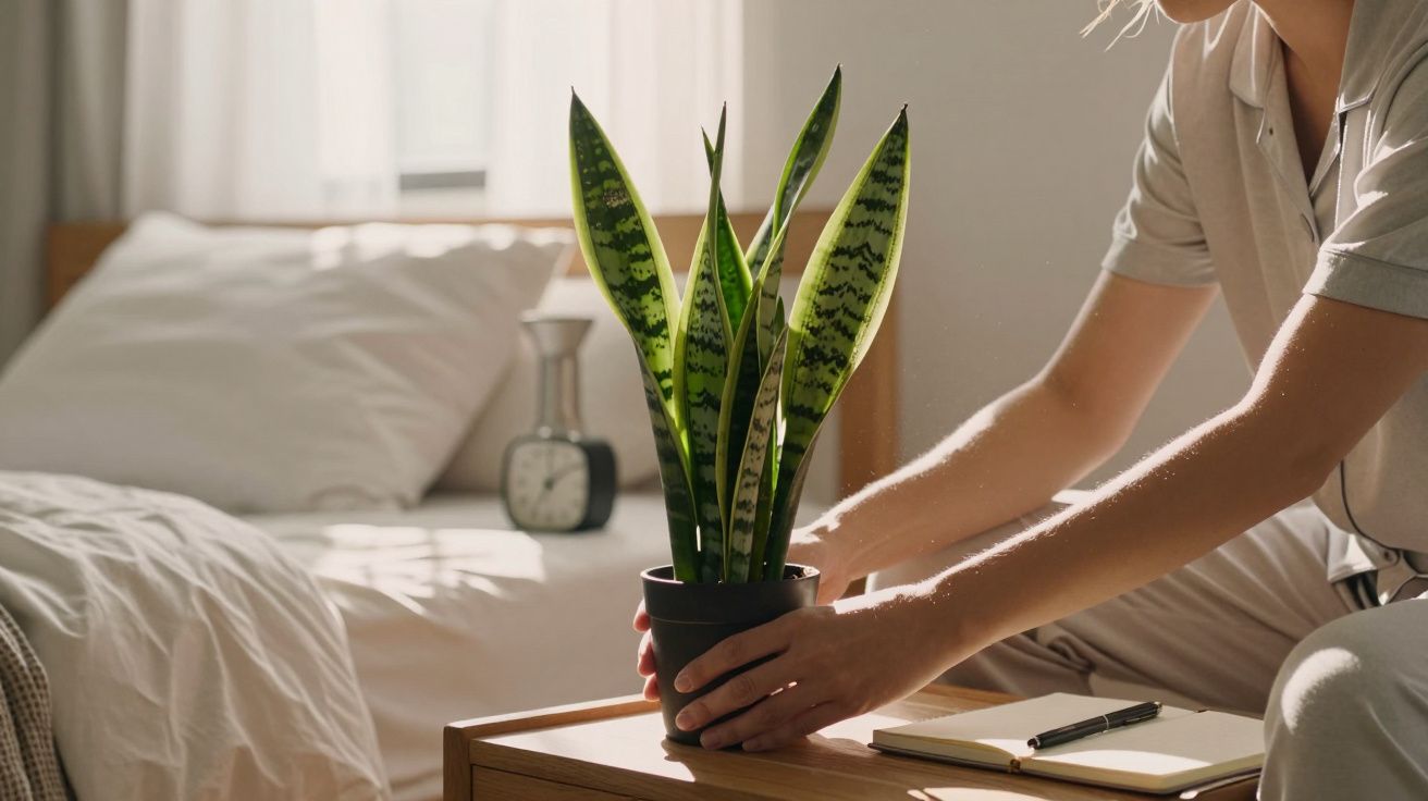 Person stellt eine Topfpflanze auf einen Holztisch in einem sonnigen Schlafzimmer mit Bett, Wecker und Notizbuch.