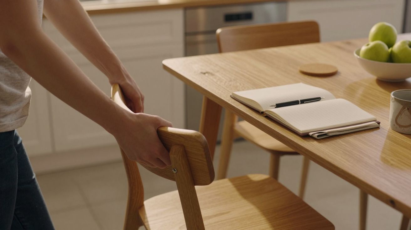 Person schiebt einen Holzstuhl an einen Tisch mit Notizbuch, Stift und Schale mit Äpfeln.