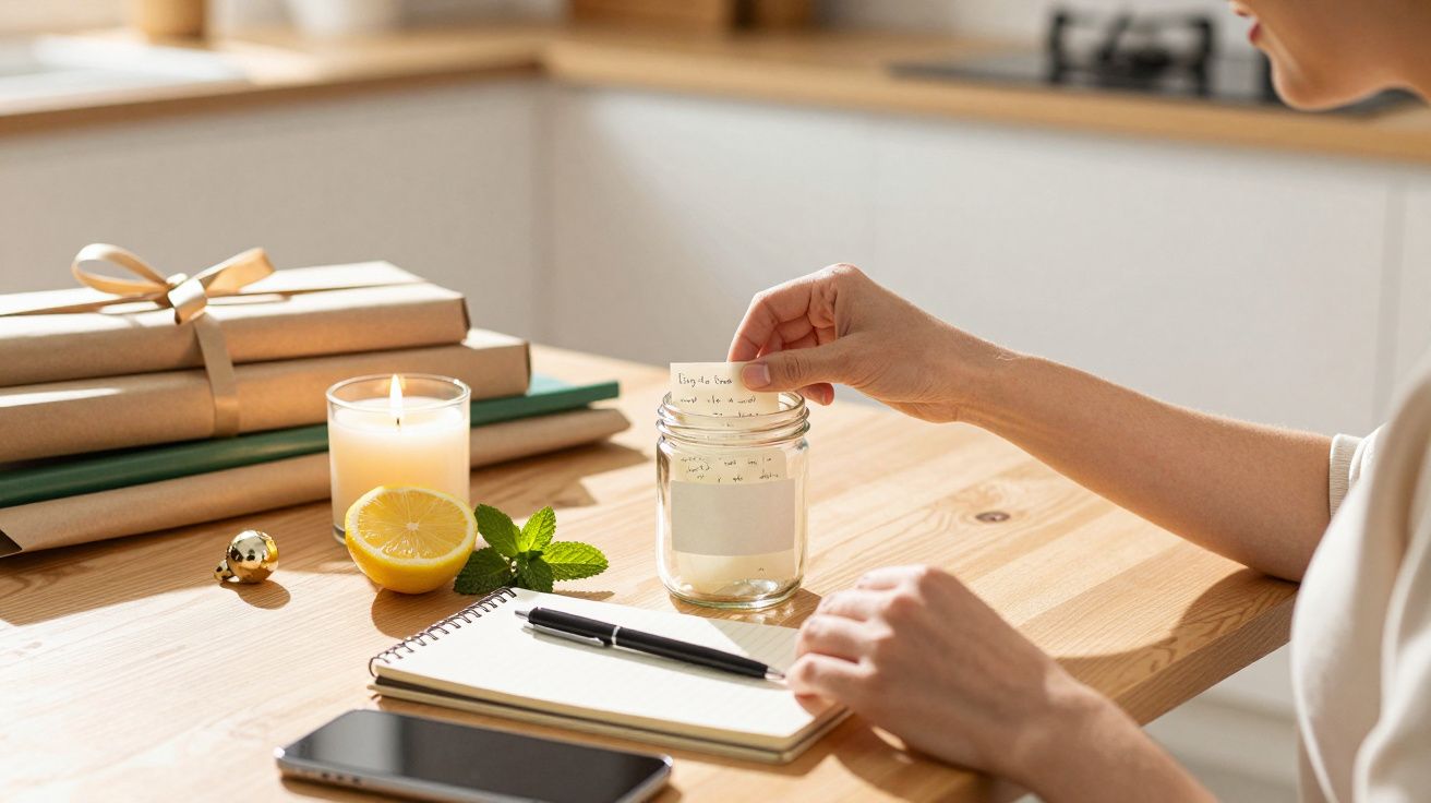 Person steckt Zettel in Glas, nebenan Notizbuch, Stift, Zitrone, Kerze und Geschenke auf Holztisch in heller Küche.