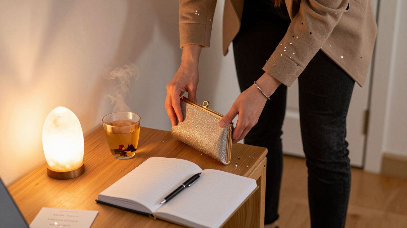 Frau positioniert eine glitzernde Geldbörse auf einem Tisch neben einer Lampe, Tee und einem offenen Notizbuch mit Stift.